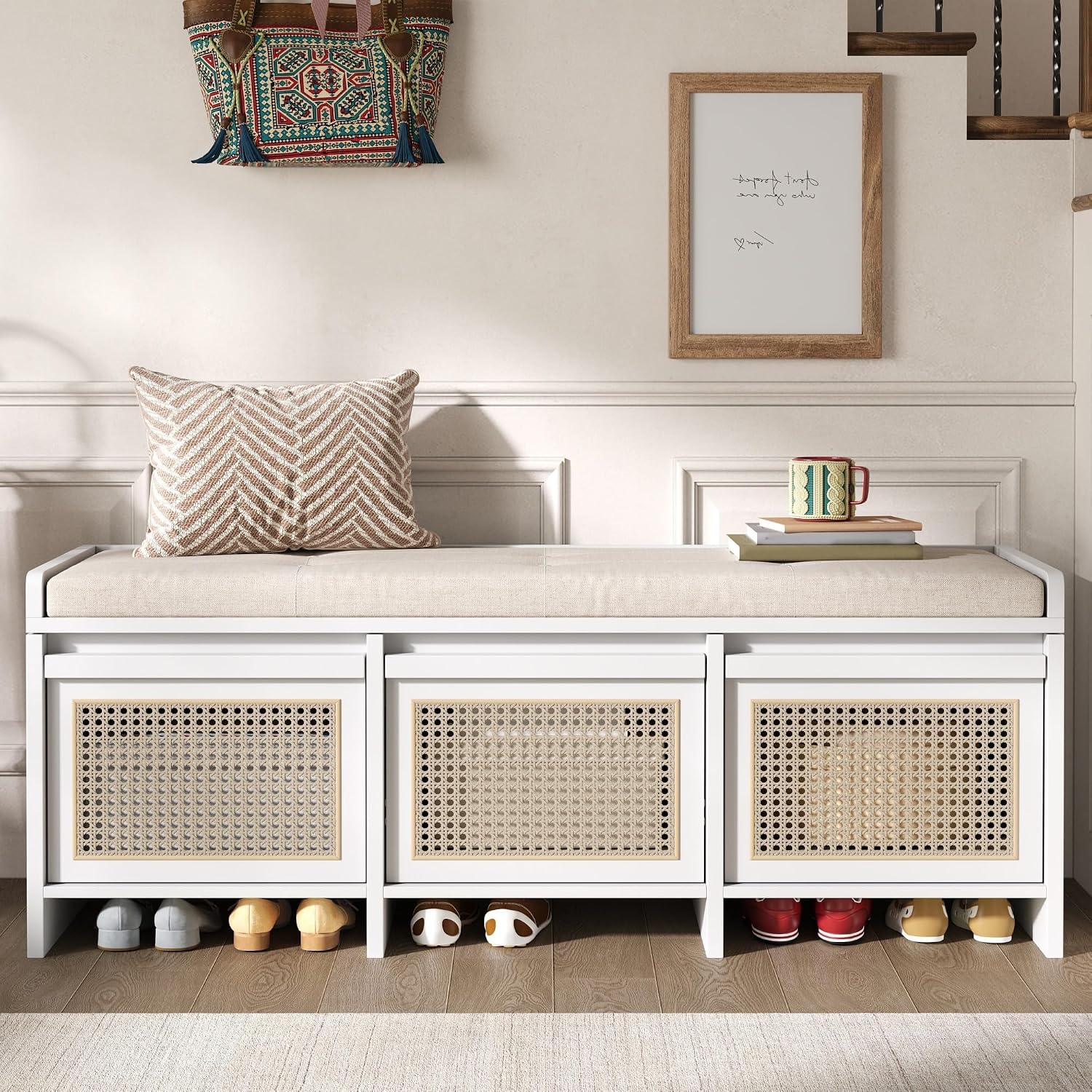 SOFTSEA 48" Shoe Storage Bench with Cushion, 2-Tier Entryway Bench with 3 Rattan Storage Drawers & Lift Top Storage, Retro Shoe Cabinet for Hallway, Bedroom, Living Room, White