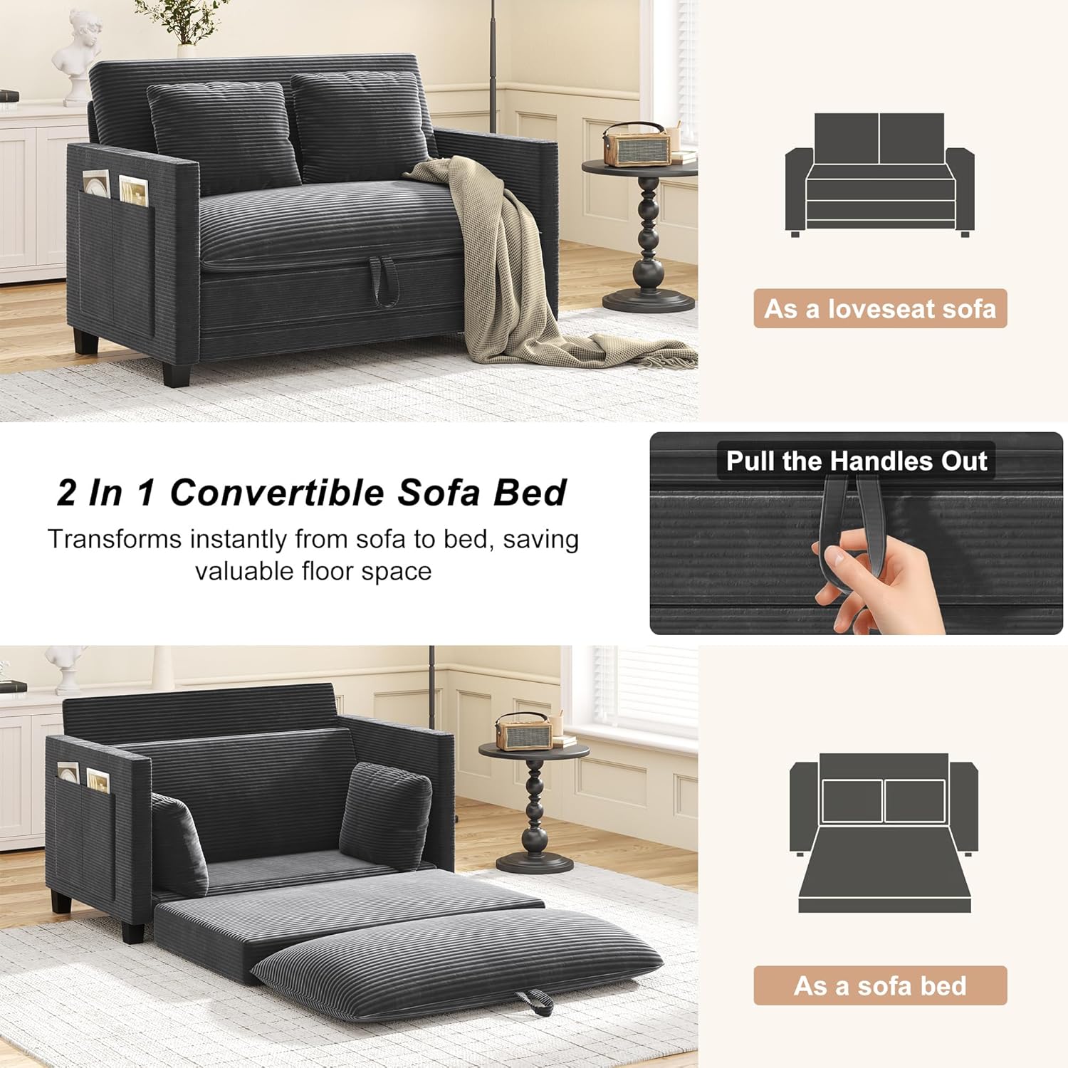 XVD 51 Inch Convertible Sofa Bed Sleeper with Storage Pockets & 2 Pillows - 2-in-1 Folding Loveseat for Small Spaces, Modern Corduroy Loveseat for Apartment, Living Room, Guest Room, Grey