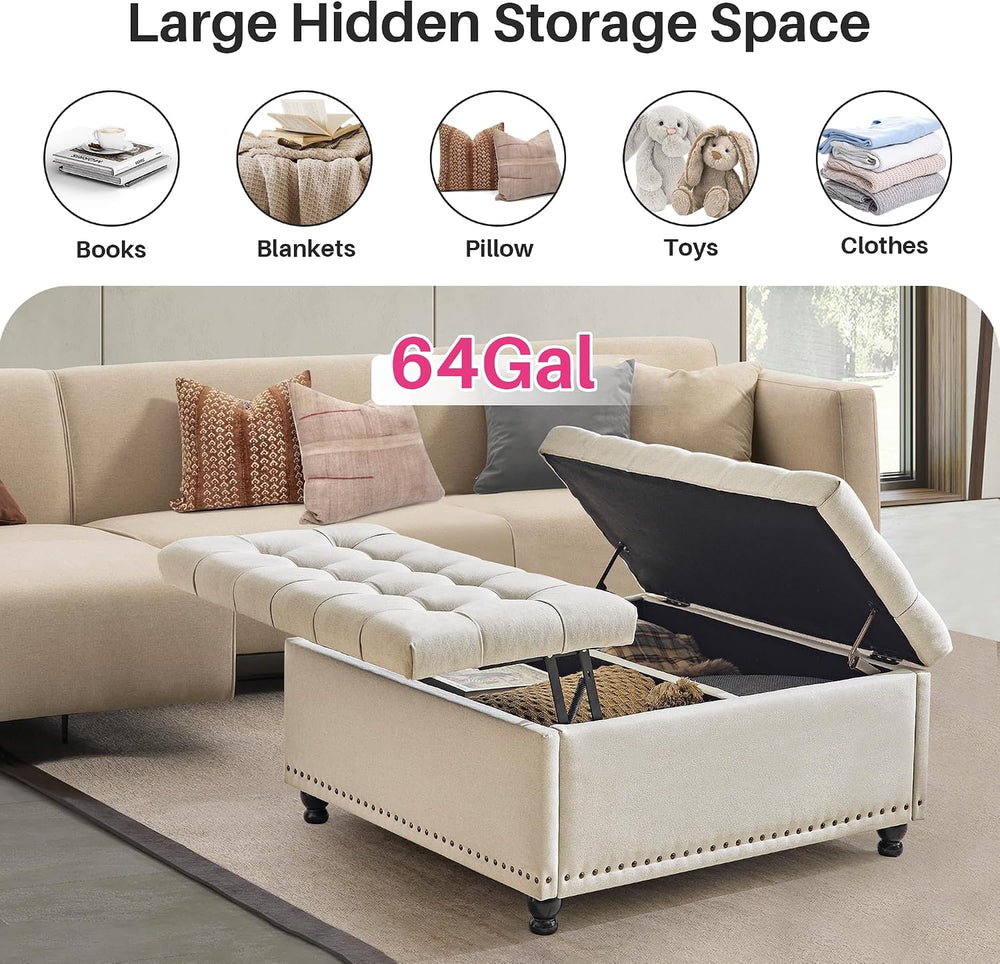 Redlife 35 Inch Large Square Storage Ottoman, Coffee Table Ottoman, Linen | L...