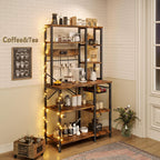GRUSIGN Kitchen Bakers Rack with Storage, 6-Tier Coffee Bar Station with Power Outlet, Microwave Stand with 12 S-Shaped Hooks, Open Kitchen Storage Shelves for Spices, Pots and Pans, Rustic Brown
