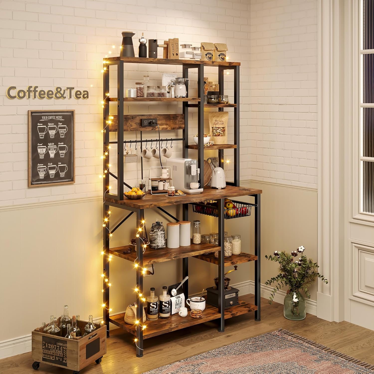GRUSIGN Kitchen Bakers Rack with Storage, 6-Tier Coffee Bar Station with Power Outlet, Microwave Stand with 12 S-Shaped Hooks, Open Kitchen Storage Shelves for Spices, Pots and Pans, Rustic Brown