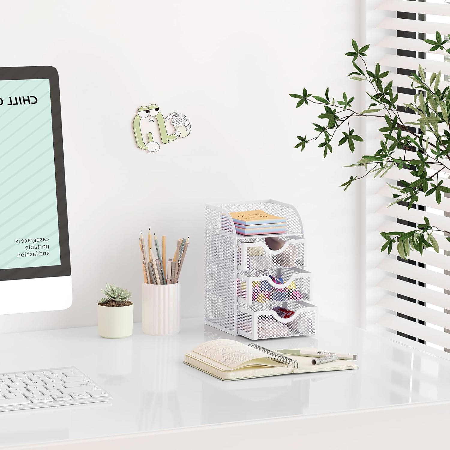 EasyPAG Mesh Desk Organizer with 3 Drawer Office Desktop Organizers and Accessories Stationery Caddy for Office, Home, Students, White