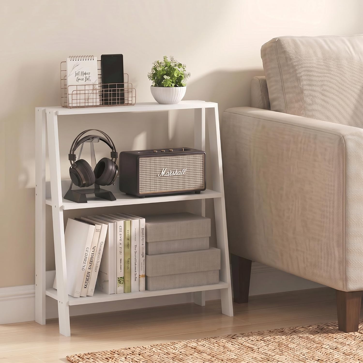 Furinno Ladder Shelf, 3-Tier Ladder Book Shelf, Bookcase, White | Storage Shelves, Storage Rack, for Organization and Storage, Living Room, Home Office