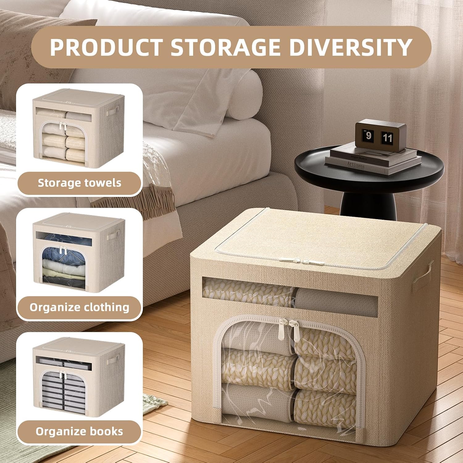 FHSQX 6 Pack Foldable Storage Bins for Clothes Clothes Storage Bins with Metal Frame Stackable Storage Box with Lid (Beige, 16.5x12.2x12.2 inch (40L))