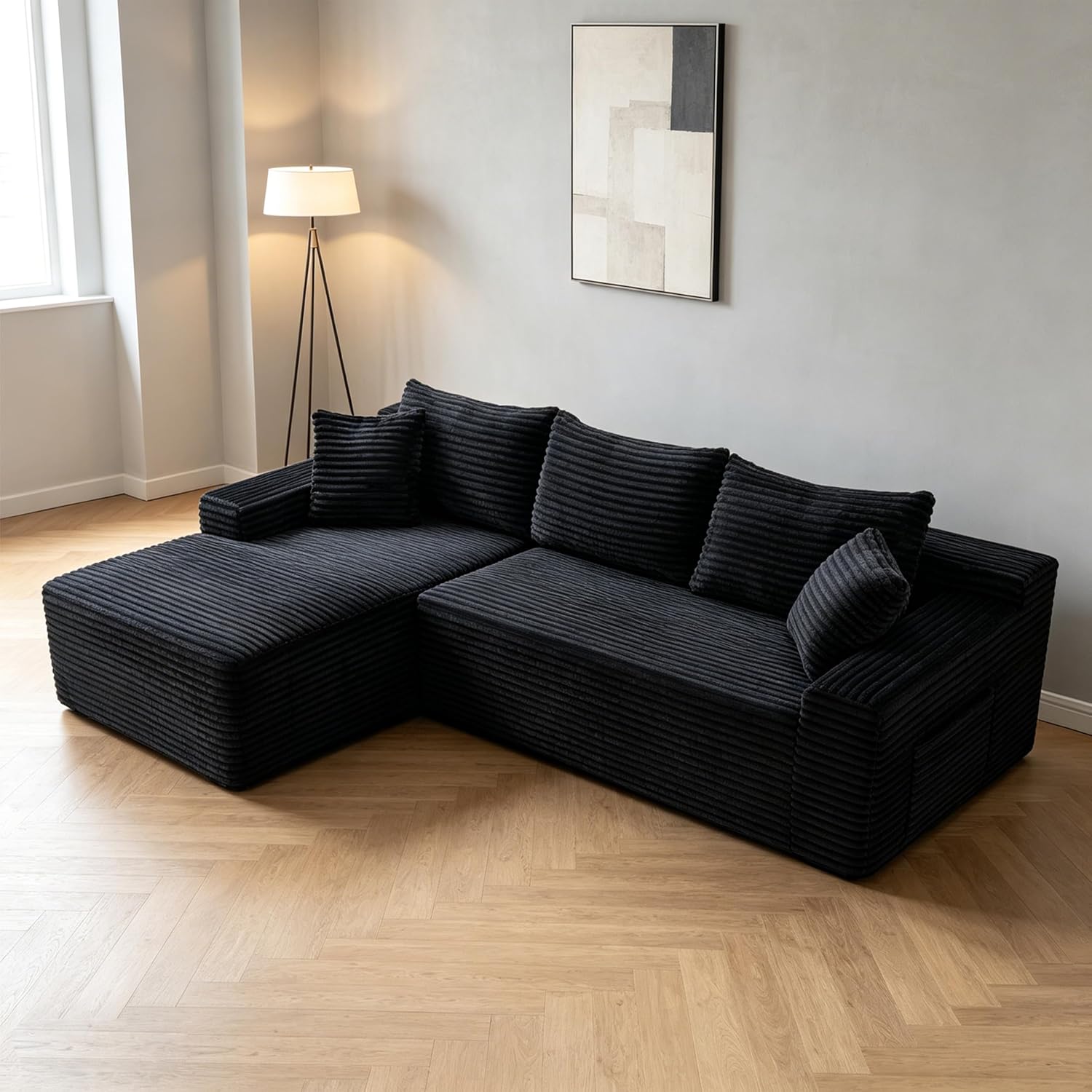 106-Inch L-Shaped Left Facing Boneless Corner Sofa 2 PCS Modular Sectional Cloud Sofa Couch with Chaise Lounge and Toss Pillow, Corduroy Boneless L-Shaped Cloud Couches