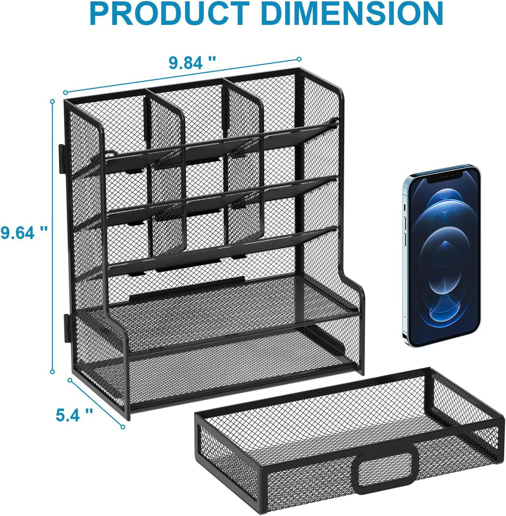 Marbrasse Larger Mesh Desk Organizer with Drawer, Multi-Functional Pen Pencil Holder, Easy Assembly, Desk Organizers and Accessories for Office Art Supplies (Black)