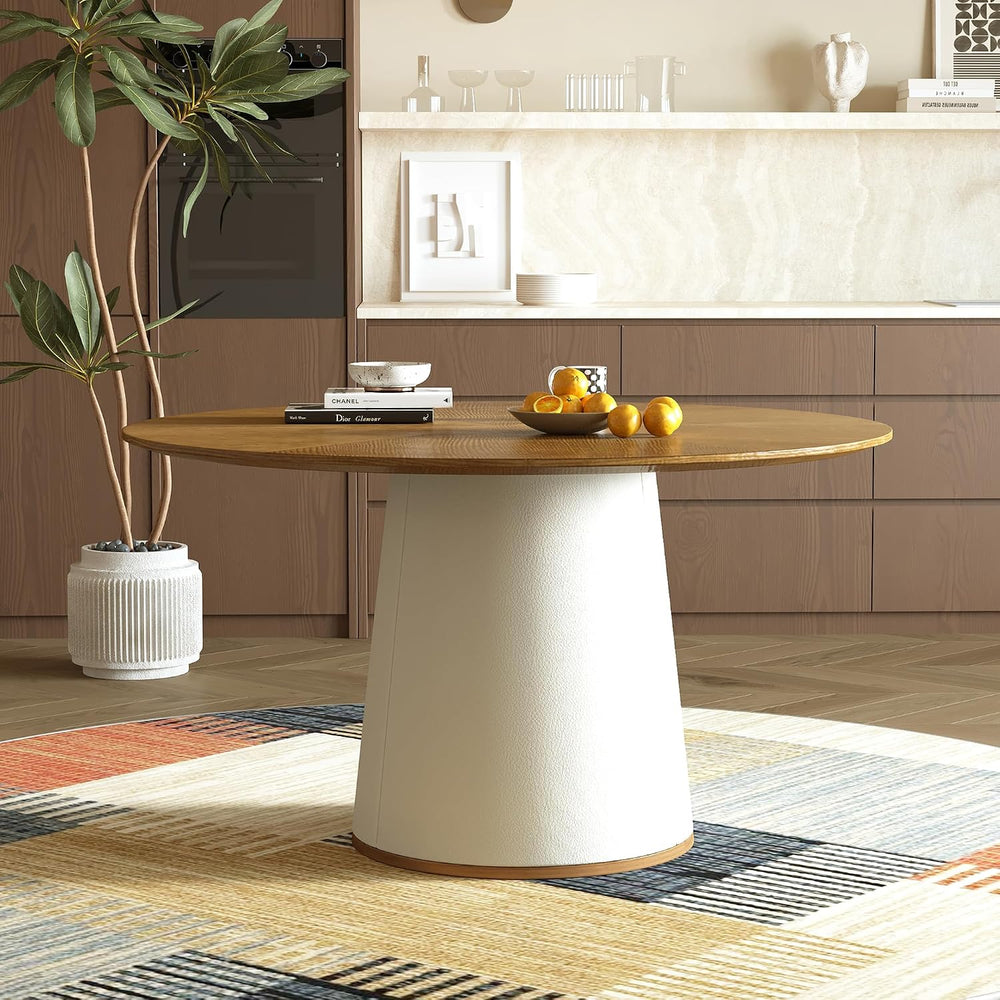 59” Modern Round Dining Table, Featuring a Decorative parquet Wood Veneer Tab...