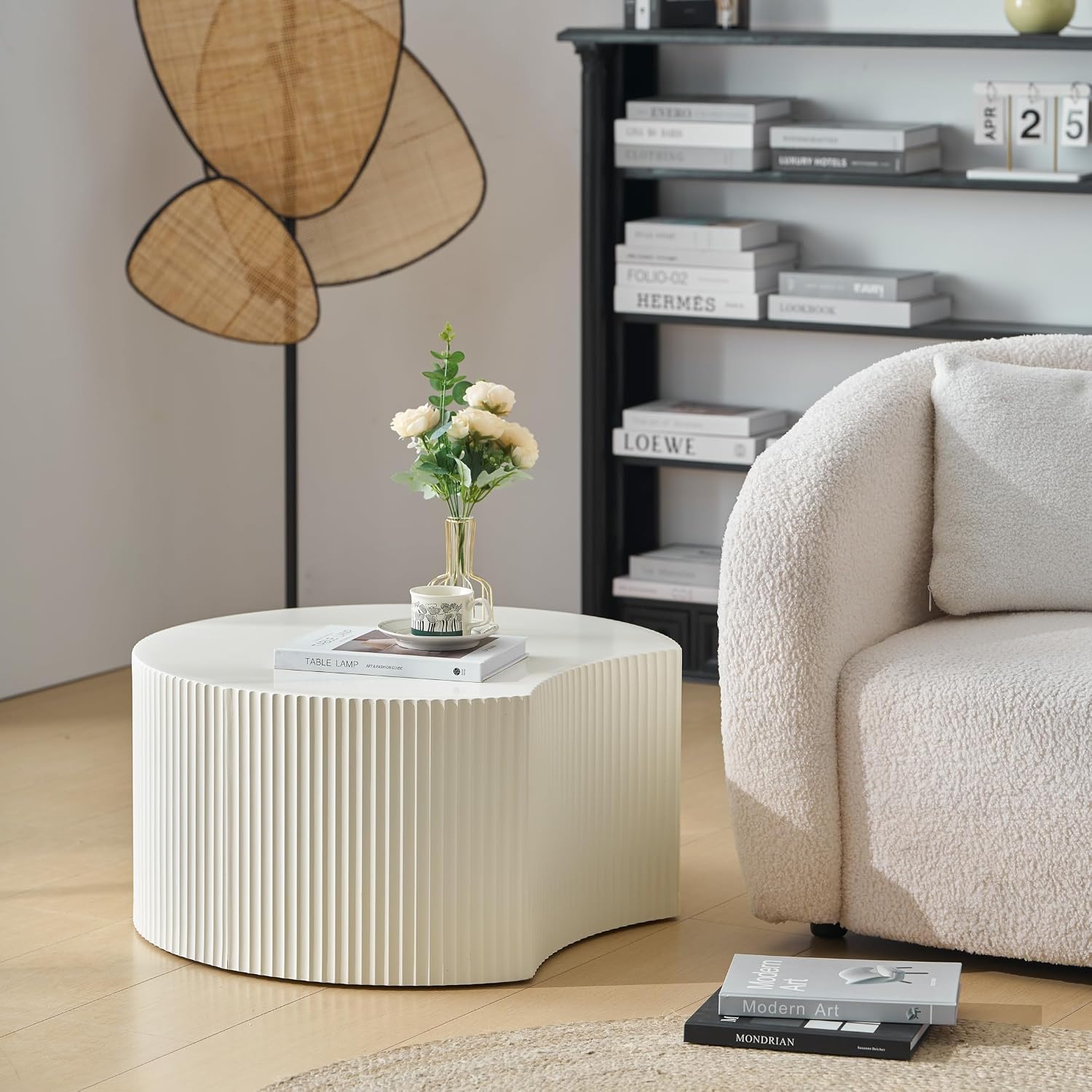 Nesting Coffee Table Set of 2, Modern Drum Side Table End Table, Wave Stripe Round Coffee Table for Living Room, Bedroom, Beige-02