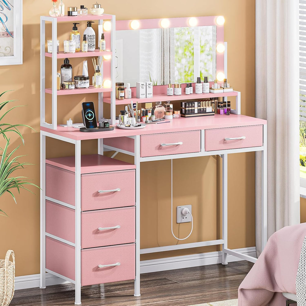 Vanity Desk with Mirror and Lights, Makeup Vanity with 5 Fabric Drawers and O...