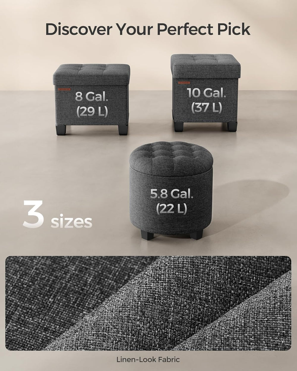 SONGMICS Round Ottoman with Storage, Vanity Stool, Linen-Look Fabric | Uphols...