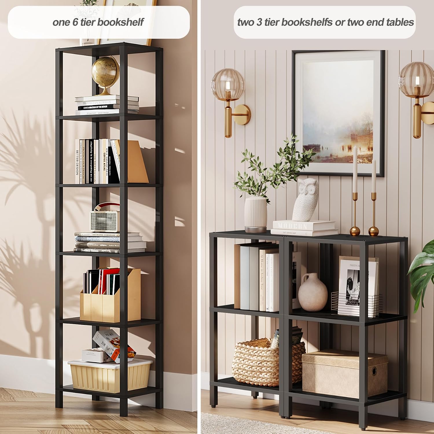 TUTOTAK Bookshelf, 6-Tier Tall Book Shelf, Narrow Bookcase for Small Space, DIY Stackable Bookshelf, for Living Room, Office, Study, Entryway, Industrial, Black BS01BK006