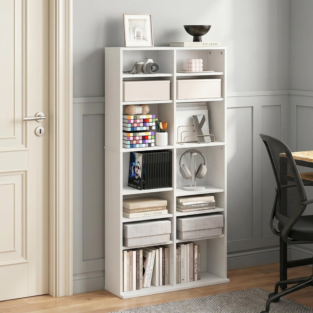 16-Shelf Wide CD Rack, 8 x 2 DVD Storage Cabinets with Adjustable Shelves, Easy Assembly DVD Shelf, Media Shelf for CD Blueray Game Disc, for Home Office, Living Room, White