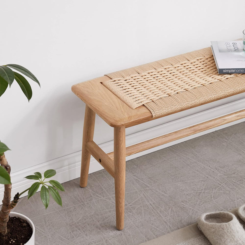 100% Solid Oak Wood Bench,Hand Woven Design,Solid Mortise and Tenon Construct...