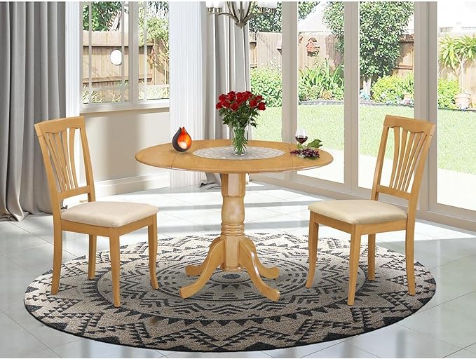 East West Furniture DLAV3-OAK-C 3 Piece Dining Set Contains a Round Dining Table with Dropleaf and 2 Linen Fabric Kitchen Room Chairs, 42x42 Inch, Oak