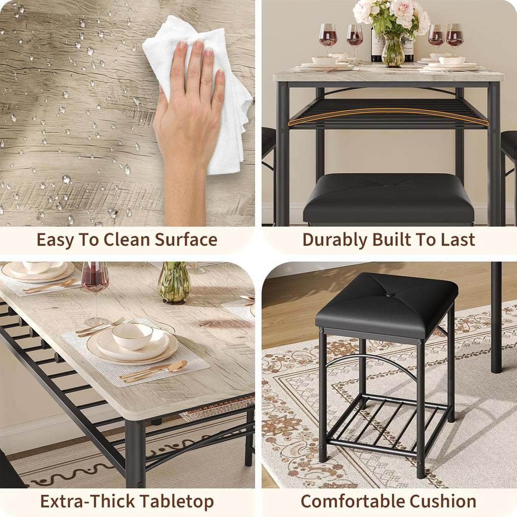 IDEALHOUSE Dining Table Set for 4 with Upholstered Benches and 2 Stools, Small Kitchen Table Chairs Set of 4 for Apartment, Studio, Home and Small Space