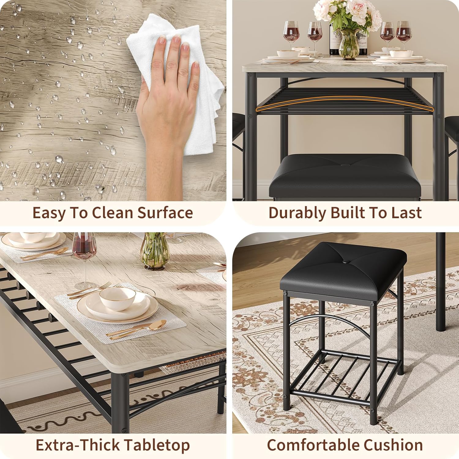 IDEALHOUSE Dining Table Set for 4 with Upholstered Benches and 2 Stools, Small Kitchen Table Chairs Set of 4 for Apartment, Studio, Home and Small Space
