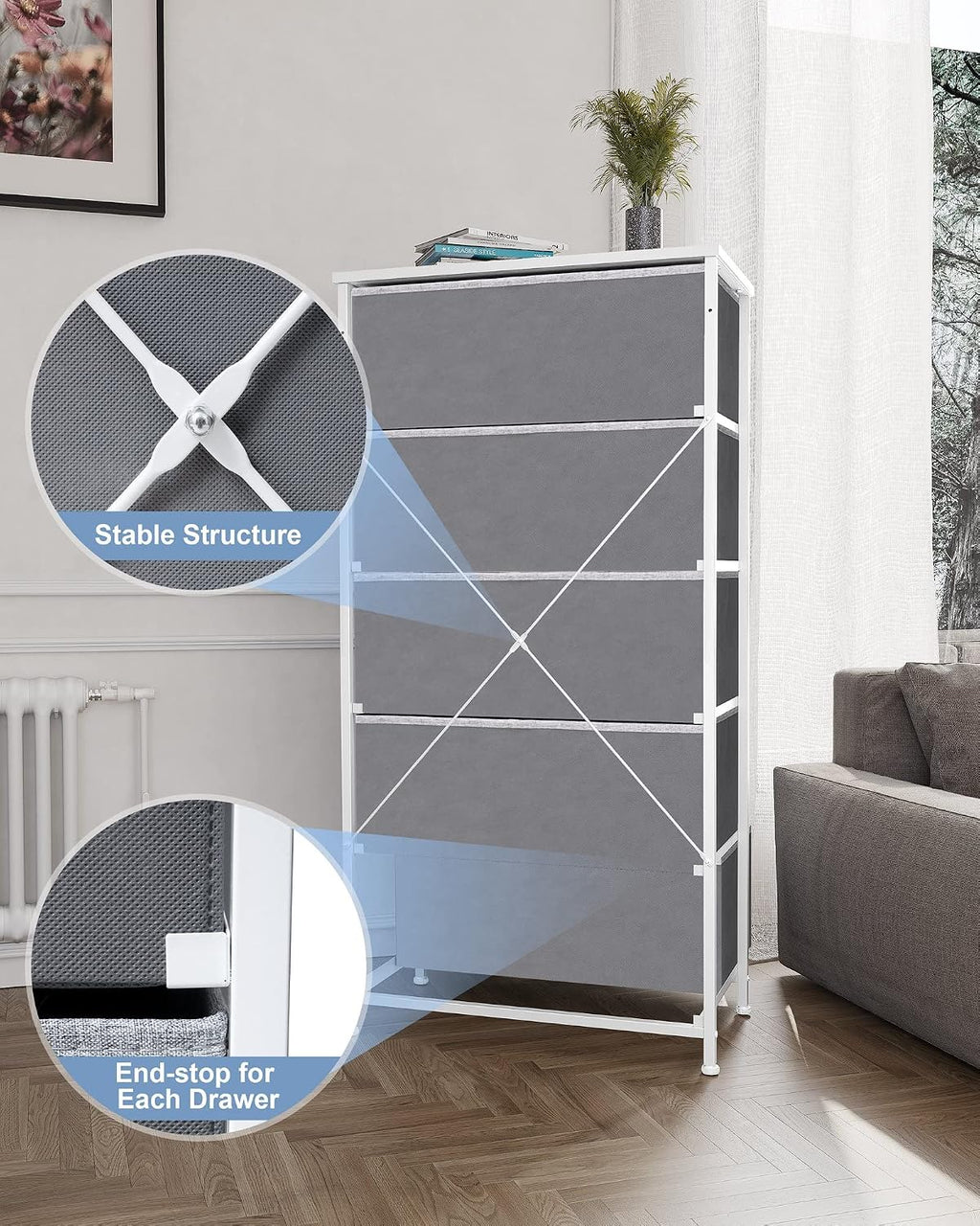 Tall Dresser, Wide Vertical Fabric Storage Organizer, 5 Drawer (Light Gray) | Sturdy Steel Frame, Wood Top and Easy Pull Handle, Space-saving Organizer for Clothes, Bedroom, Hallway, Entryway, Closets
