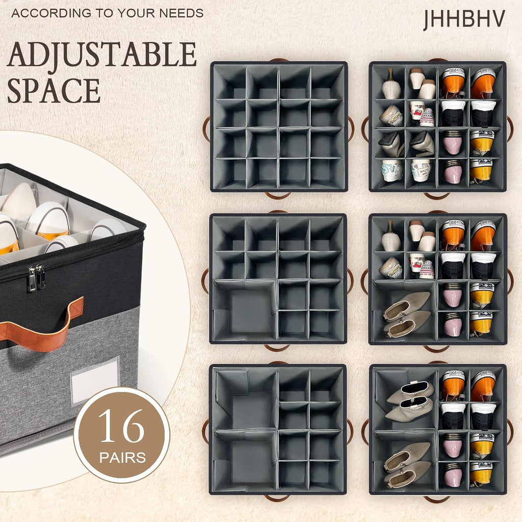 2 Pack Shoe Organizer for Closet with Adjustable Divider Shoe Storage Box | Fits 16-32 Pairs Stackable Foldable Shoe Bin with Clear Cover for Sneaker Boot Heel Sandal Dorm Space Saving Black and Grey