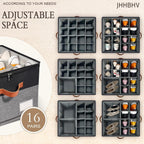 2 Pack Shoe Organizer for Closet with Adjustable Divider Shoe Storage Box | Fits 16-32 Pairs Stackable Foldable Shoe Bin with Clear Cover for Sneaker Boot Heel Sandal Dorm Space Saving Black and Grey