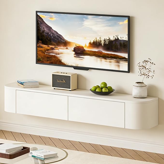 SHGJ&SOFT Floating TV Stand Wall Mounted Media Console with Door Entertainment Centerwith Storage Cabinets, Wall Mounted TV Shelf for Bedroom,Living Room (White, 47.2IN)