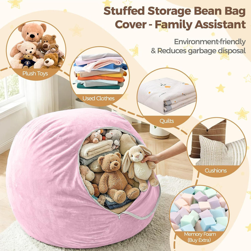 Stuffed Animal Storage Bean Bag Chair Cover, No Filler Bean Bag Cover | Soft Velvet, Stuffed Animal Storage Chair, Reinforced Stitching, with Handle, Durable Zipper, for Kids Teens Adults Girls