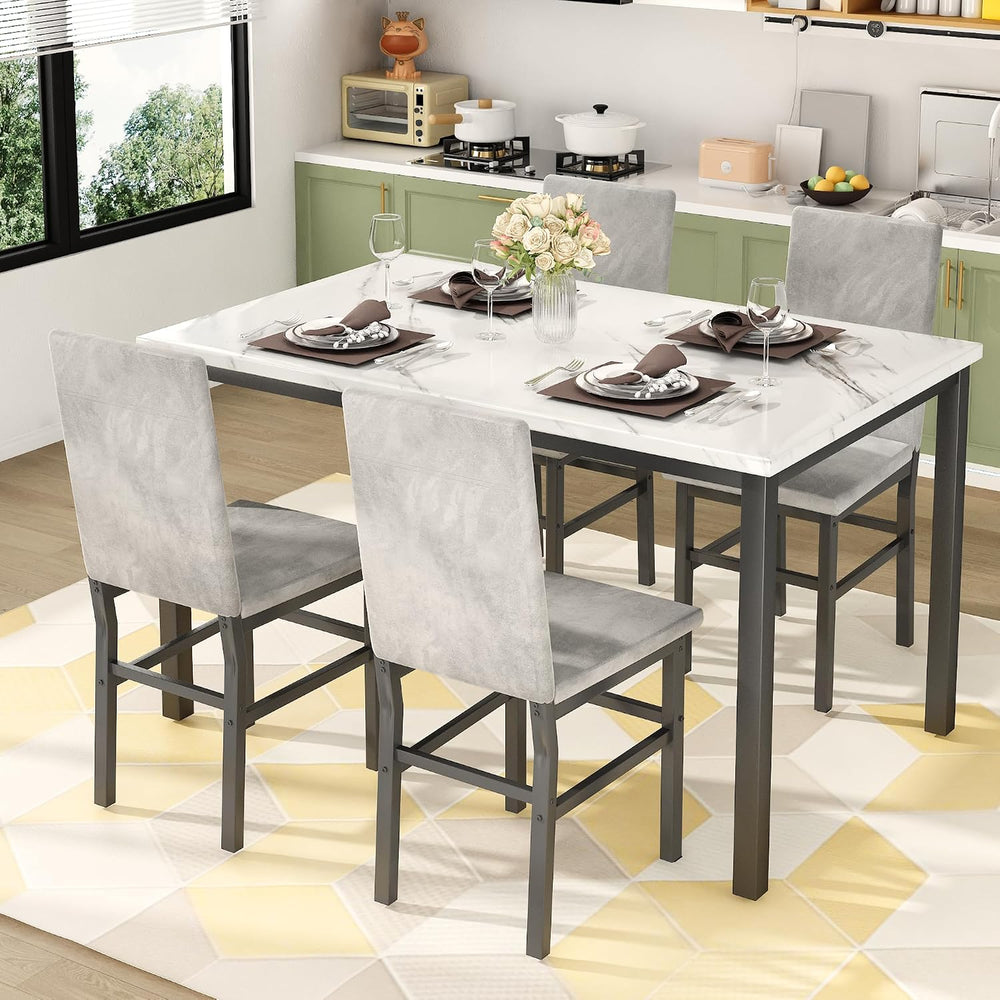 Dining Table Set for 4, 5-Piece Faux Marble Dining Set,4 Upholstered PU Chair...