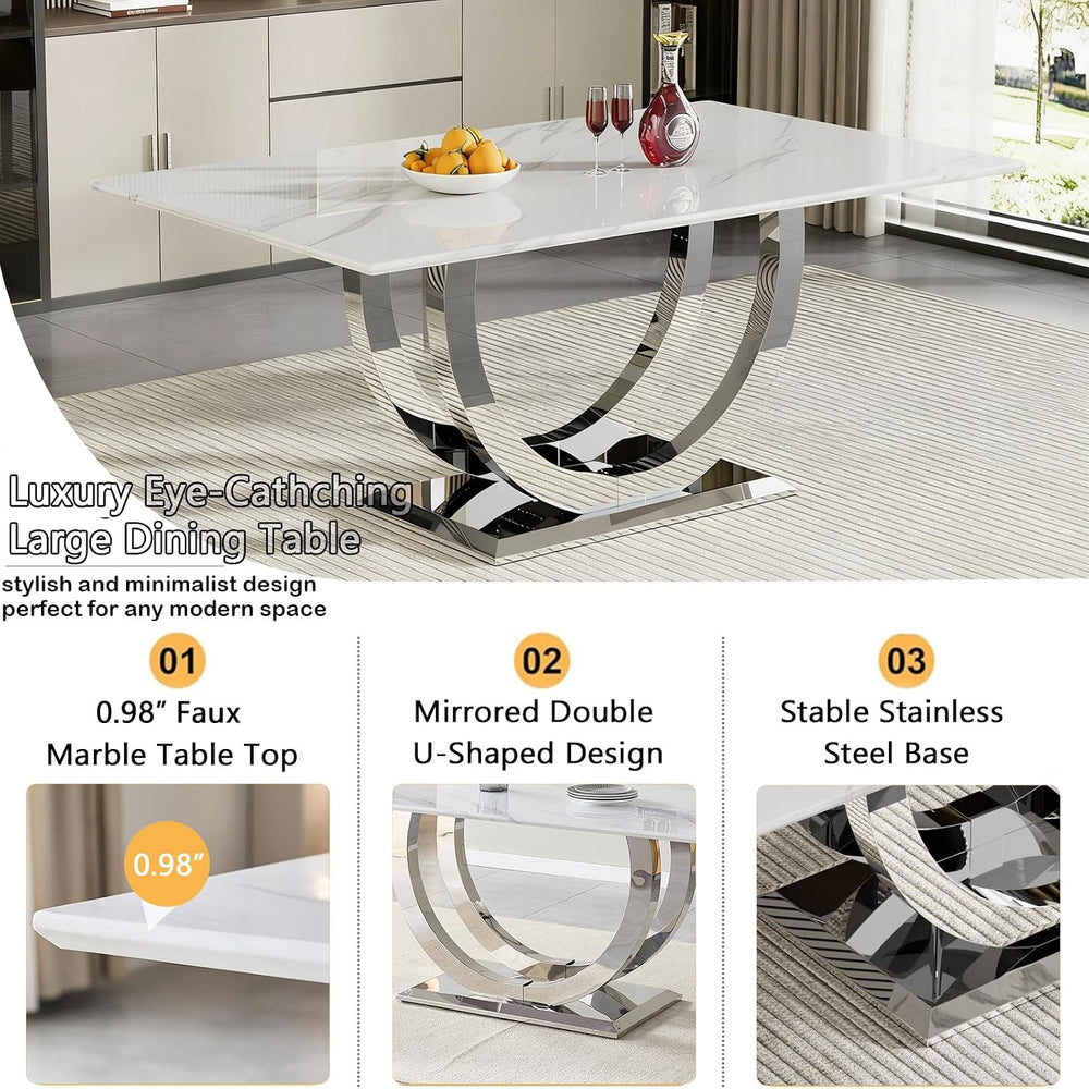 7 Piece Marble Dining Table Set for 6, 69.3" White Silver Kitchen Table ...