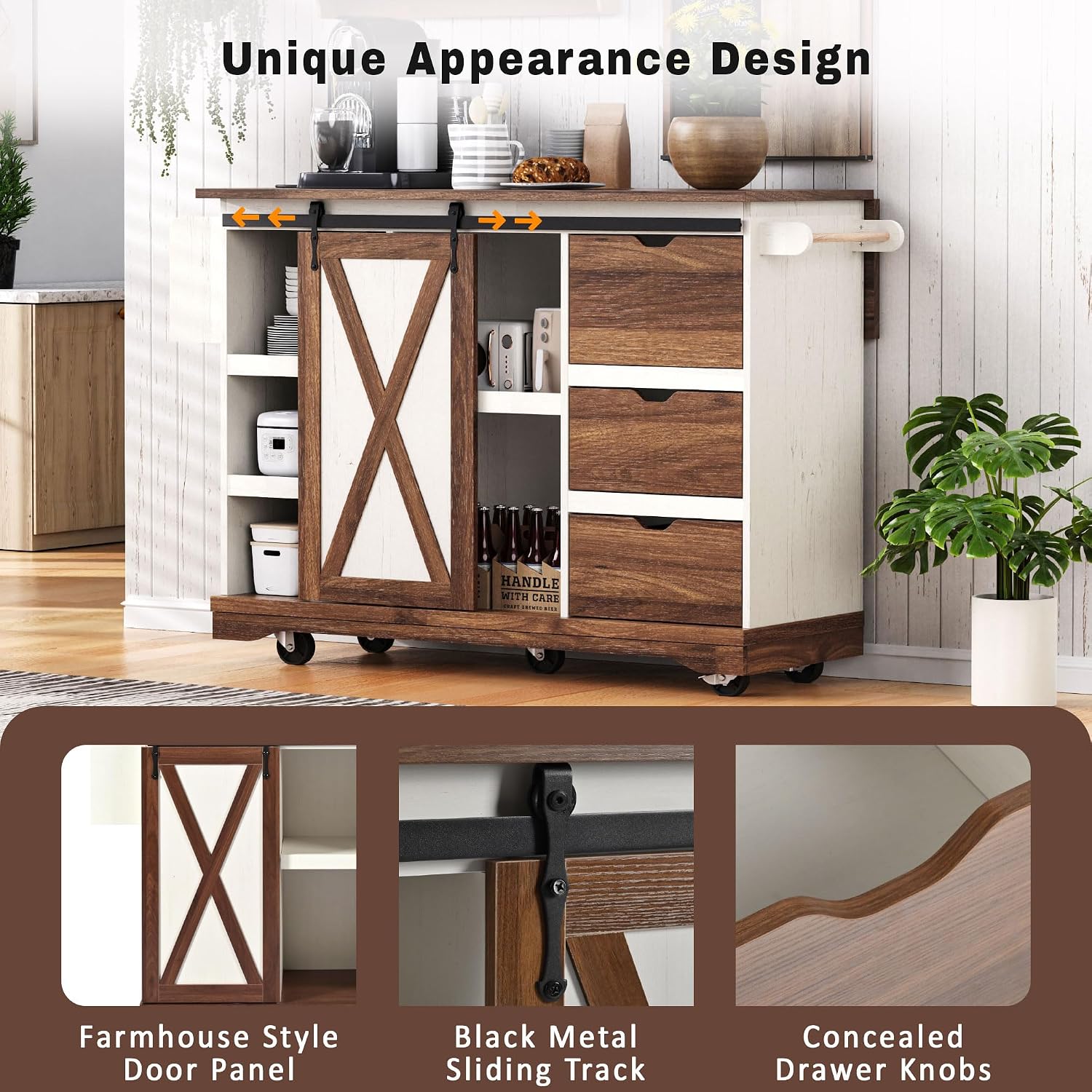 Ball & Cast Farmhouse Kitchen Island with Drop Leaf & Barn Door,Rolling Kitchen Cart on Wheels with Power Outlet,3 Large Drawers,Adjustable Shelf & Spice Rack,for Home,Kitchen,Dining Room,White,56"