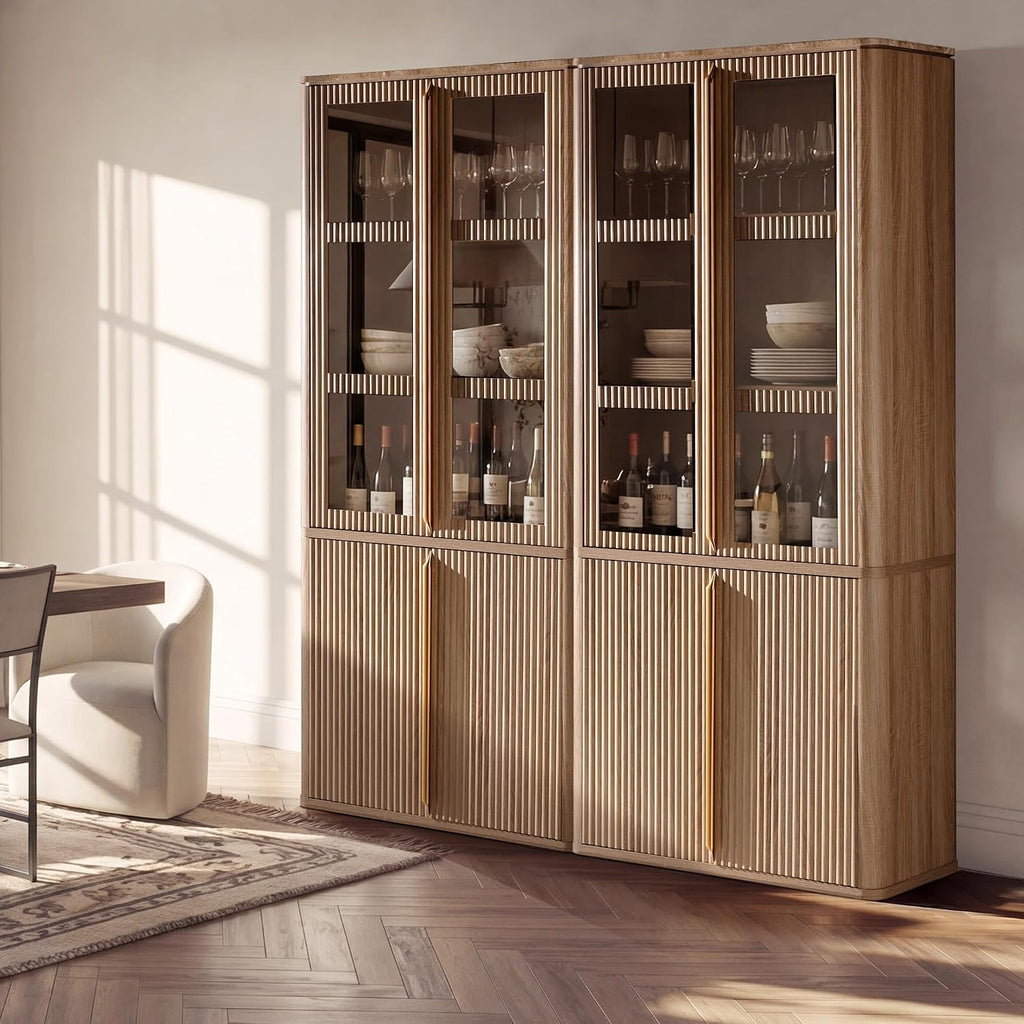 77" Tall Pantry Cabinets with Glass Doors, Fluted Storage Cabinet, Oak 2pcs | Wooden Kitchen Food Cupboard, Adjustable Shelves, Modern Display Storage Closet for Living Room, Dining Room, Office