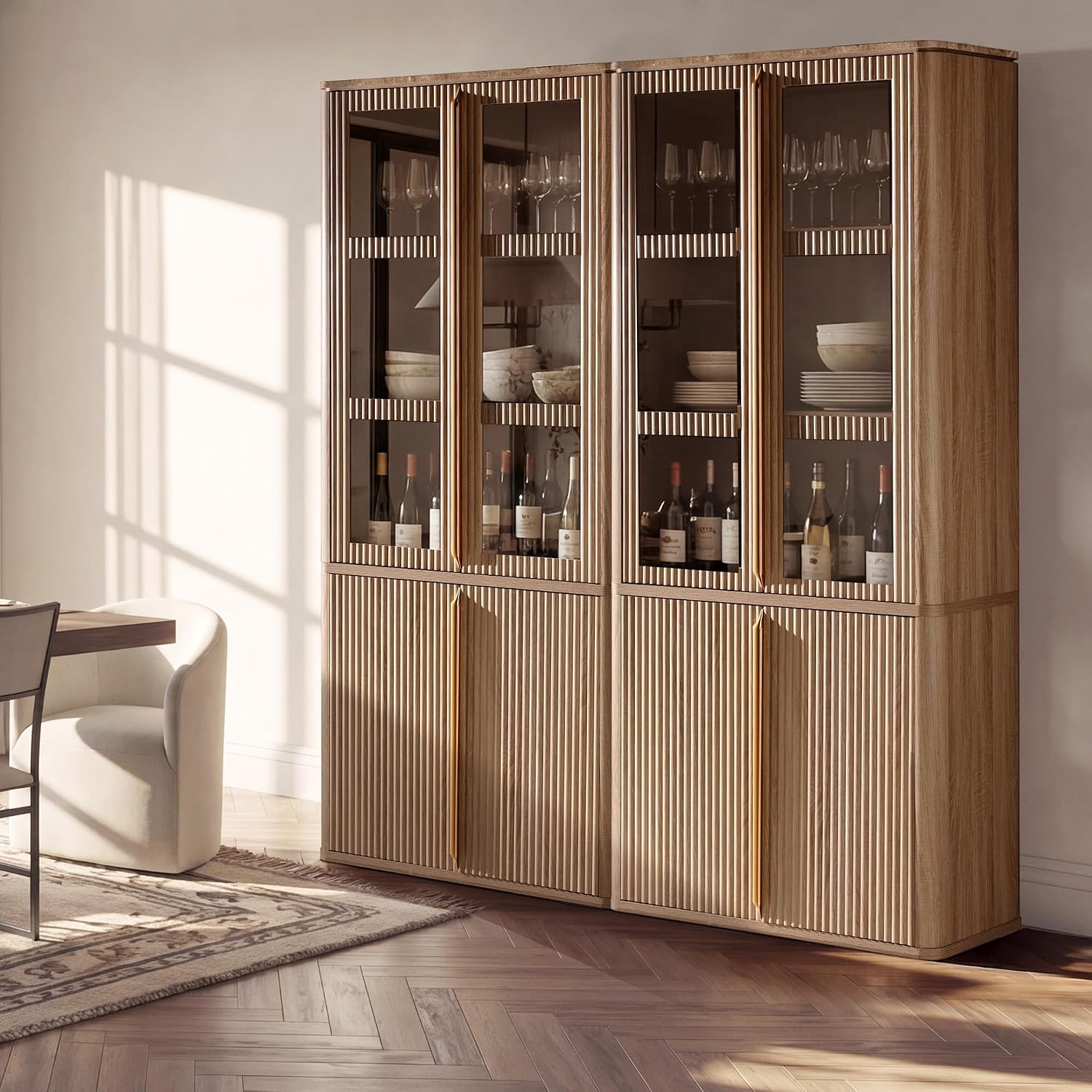 77" Tall Pantry Cabinets with Glass Doors, Fluted Storage Cabinet, Oak 2pcs | Wooden Kitchen Food Cupboard, Adjustable Shelves, Modern Display Storage Closet for Living Room, Dining Room, Office