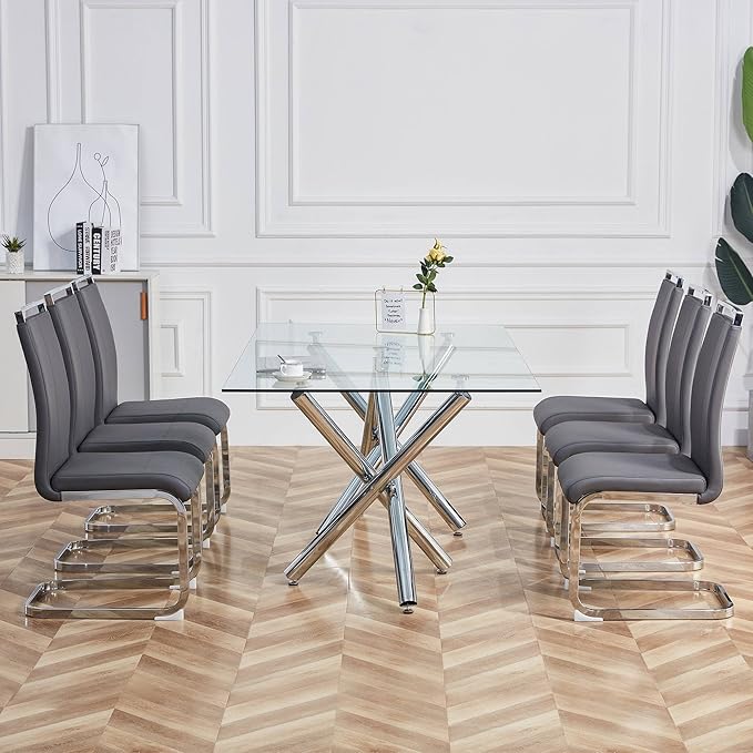 AZmac Modern Leather Dining Chairs Set of 6,Armless Kitchen Chairs,Dining Room Chairs with Upholstered Padded Seat and Sturdy Chrome Legs for Dining Room,Kitchen (Set of 6, Grey+PU Leather)