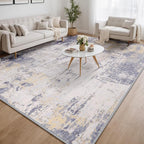 Washable Area Rugs 9'x12' Non-Slip Modern Abstract Soft for Living Room Entryway Bedroom Nursery, Print Pattern, Purple Grey Cream Yellow