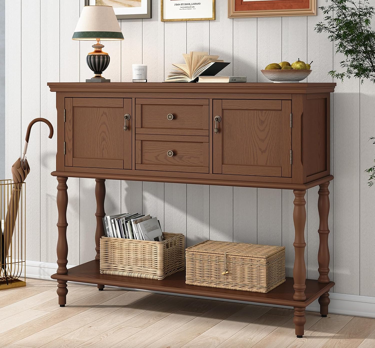 ARTPOWER Console Table with 2 Drawers, Retro Entryway Table with 2 Door | Solid Wood Veneer Entry Table, Behind Couch Sofa Table with Open Storage Shelf for Living Room, Foyer, Hallway