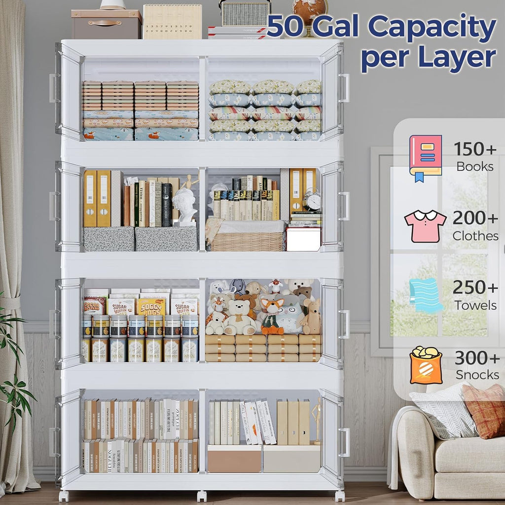 200Gal Stackable Storage Bins with Lid, 800Qt Extra Large Collapsible Storage Box with Wheels, Dividers, Folding Plastic Cabinet Closet Organizers for Home Kitchen Office Dorm, 4Pack White