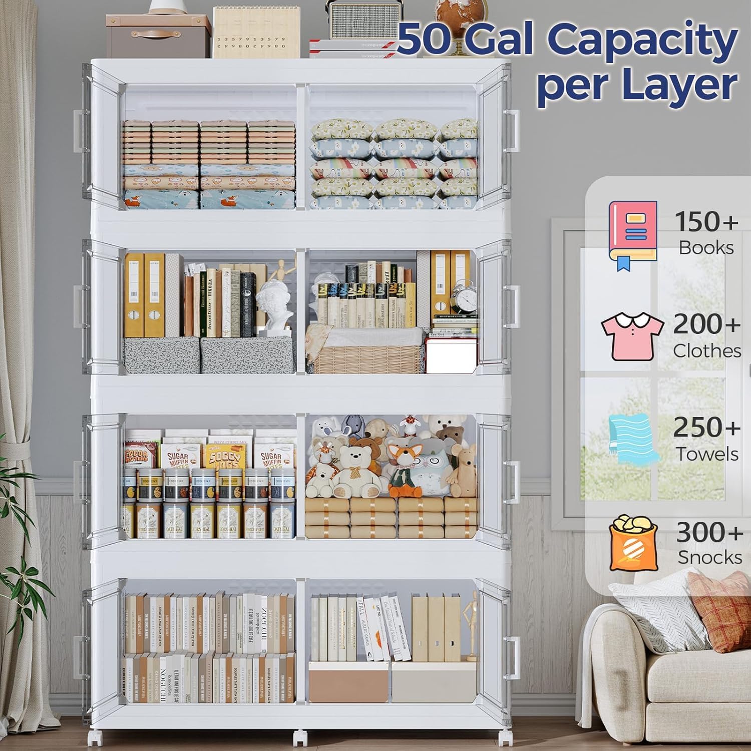 150Gal Stackable Storage Bins with Lid, 600Qt Extra Large Collapsible Storage Box with Wheels, Dividers, Folding Plastic Cabinet Closet Organizers for Home Kitchen Office Dorm, 3Pack White