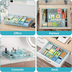 Marbrasse Expandable Desk Drawer Organizer, Mesh Drawer Organizer Tray with 10 Adjustable Compartments, Desk Organizers and Accessories for Office Supplies, Makeup & Vanity (Expandable-Blue)