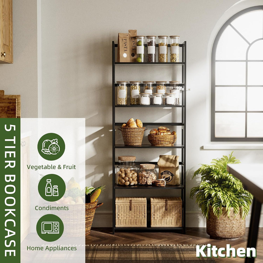 5-Tier Bamboo Wood Ladder Bookshelf, Tall Display Storage Shelf, Large Bookcase Modern Industrial Stand Organizer for Home, Office, Living Room, Kitchen, Bedroom, Black