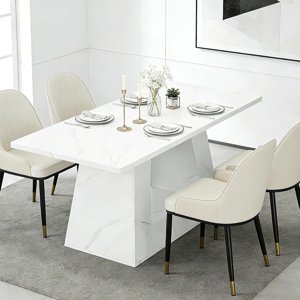 63" White Dining Table for 4-6 People, Modern Faux Marble Wooden Table w...