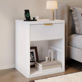 Fluted Nightstand with Charging Station, Bedside Table with Drawers and Open Storage Space, Metal Handles and Rounded Corners for Safety, Mid Century Modern End Table, for Bedroom, Living Room Sofa