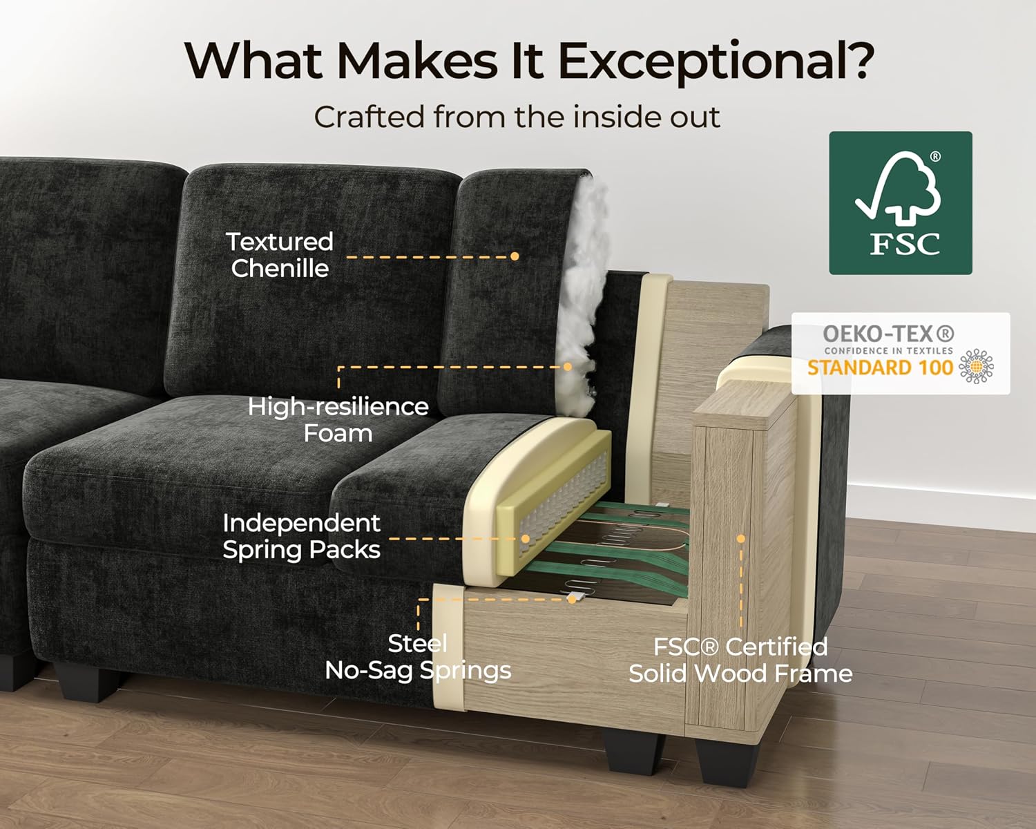 170" Modular Power Reclining Sectional 7 Seater Couch with Ottoman Chenille | Oversized Cloud, Console Table, Charging Storage, Wall Hugger, Headrest, Washable Cover, for Home Theater Living Room, Black