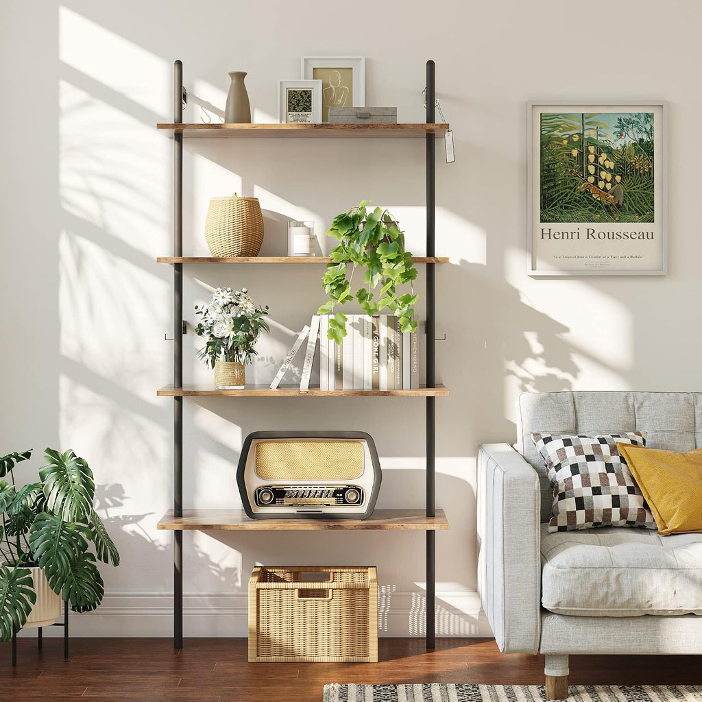 Bestier 65" Industrial Wall-Mounted Ladder Shelf 4 Tier Bookshelf with Storage Organizer Plant Flower Display Stand Round Tube Bookcase Rack with 2 Hooks for Home Office,Large,Rustic Brown
