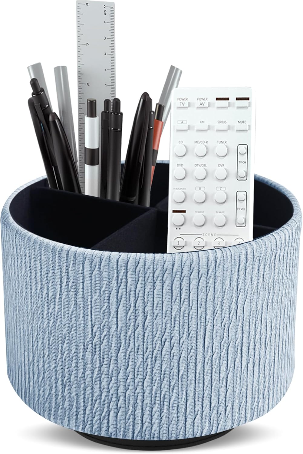 Round Leather Art Supply Organizer,Remote Control Holder,360 Degree Spinning,Multi-Functional Pencil Holder,4 Compartments Desktop Stationary Organizer(1-Wood Blue)
