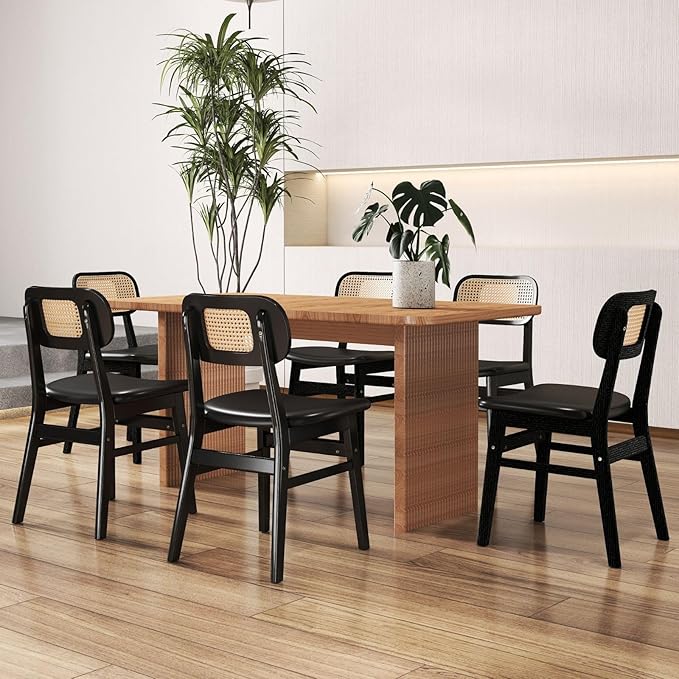 Black Dining Chairs Set of 6 Faux Leather Dining Room Chairs with Rattan Back Farmhouse Kitchen Chairs Wooden Side Chairs