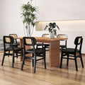 Black Dining Chairs Set of 6 Faux Leather Dining Room Chairs with Rattan Back Farmhouse Kitchen Chairs Wooden Side Chairs
