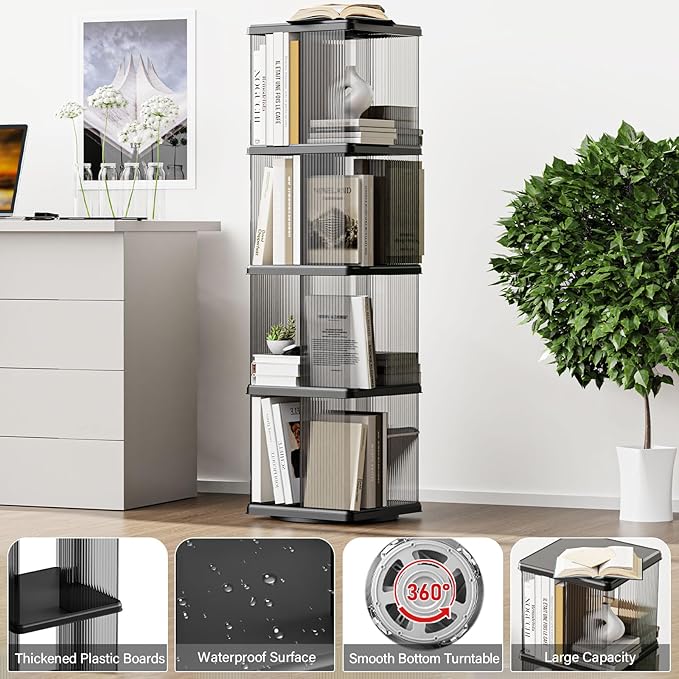 4 Tier Rotating Bookshelf, Small Corner Bookshelf for Small Space, 360 Display Floor Standing Bookcase, Lazy Susan Plastic Narrow Book Organizer Shelf for Bedroom, Living Room, Rectangular