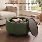 VKNOW 30" Round Storage Ottoman Coffee Table, Ottoman with Sotrage with Lift-Off Lid and Solid Wood Legs, Coffee Tables for Living Room, Bedroom, Apartments, Corners, Green