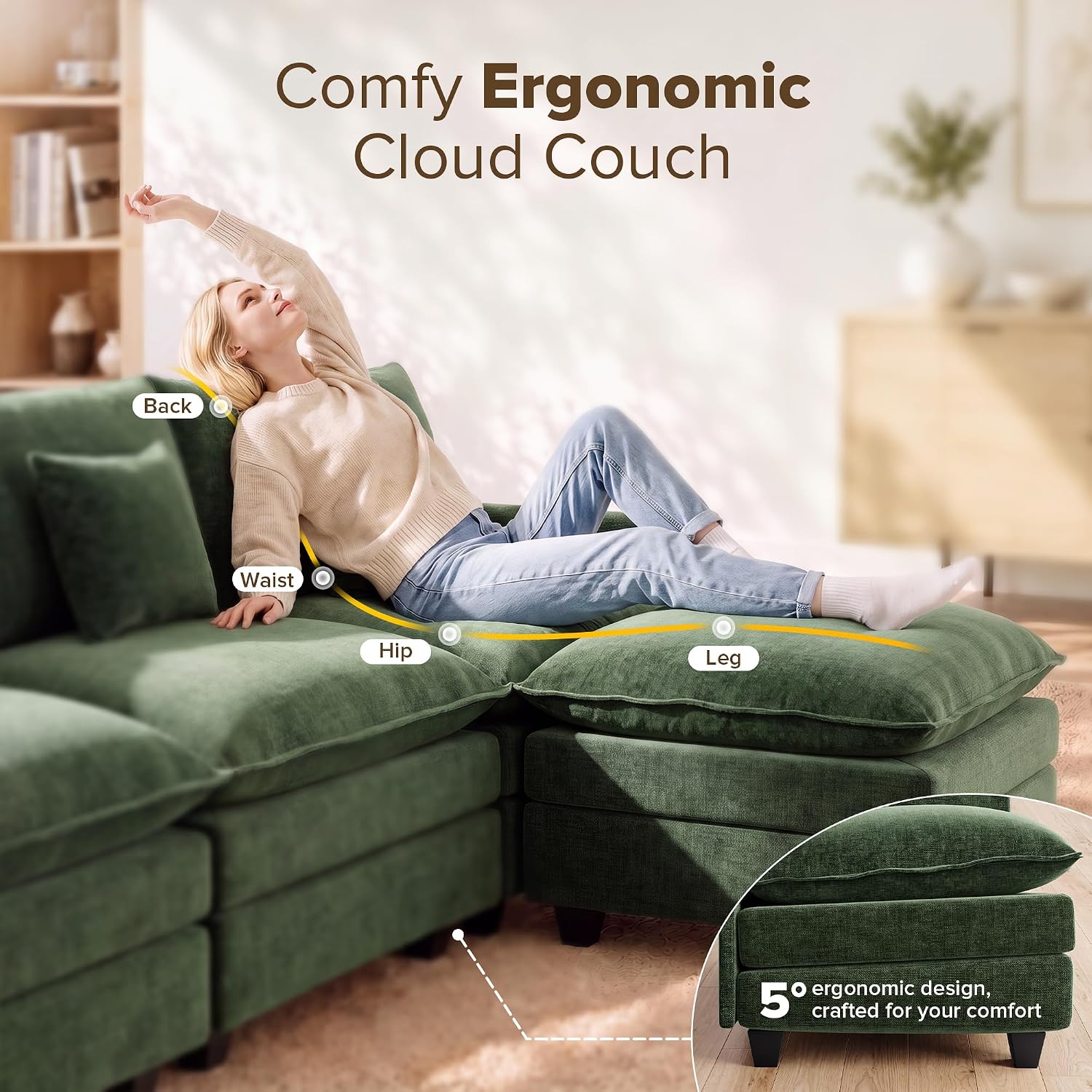108 Inch Cloud Couch Sectional, Modular Sectional Sofa with Ottoman, Green | L Shaped Sectional Couches for Living Room, Apartment, Comfy Corduroy Cloud Sofa with Throw Pillows, Modern 4 Seater Couch
