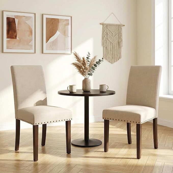 TLSUNNY Upholstered Dining Chairs Set of 2/4, Tufted Parsons Design with Nail Head Trim, Solid Wood Legs and Padded Seat, Comfortable Fabric for Dining Room, Kitchen (Beige, Set of 2)