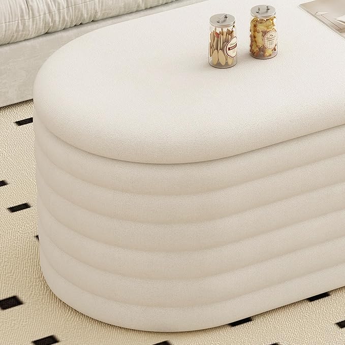Storage Ottoman Bench 40 inch Upholstered Chenille Fabric Storage Bench for Bedroom End of Bed Stool Aesthetic Large Storag Ottoman for Living Room Entryway,Beige White