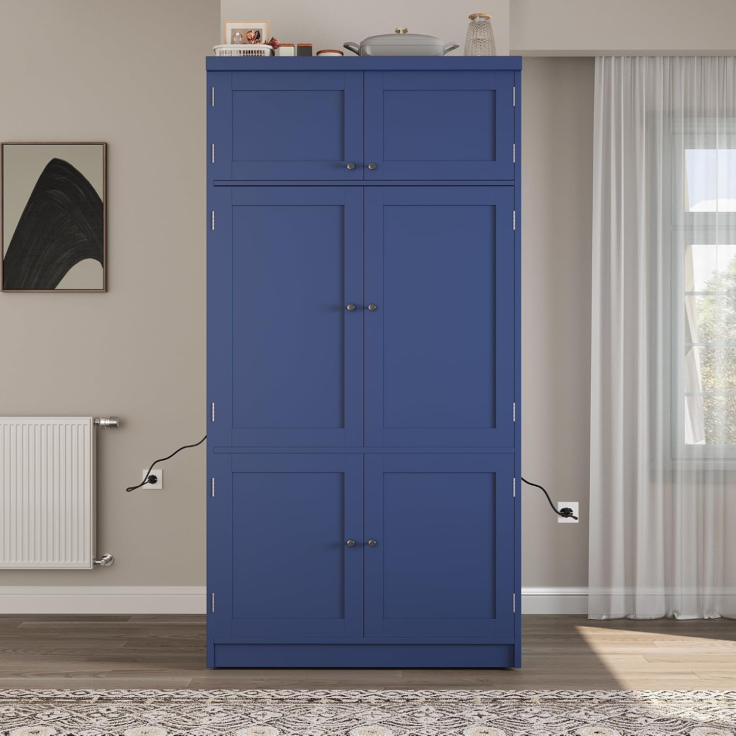 80.1'' Tall Freestanding Kitchen Pantry,Large Shake Style Storage Cabinet Cupboard with 2 Power Outlets,Adjustable Shelves and Door Shelves,for Dining Room (Blue/Power)
